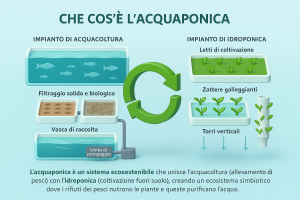Schema infografica che spiega come funziona l'acquaponica unendo acquacoltura e idroponica.